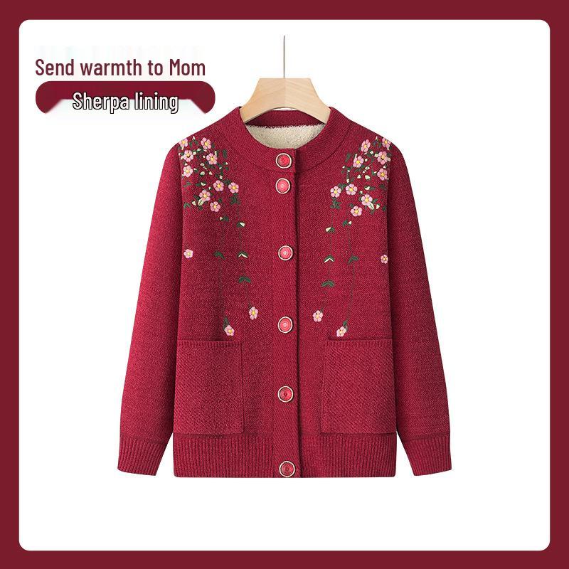 

Senior Women s Plus Velvet Knitted Cardigan - Autumn/Winter Sweater for Middle-Aged & Elderly XL (90-105 cm) вина червоного кольору