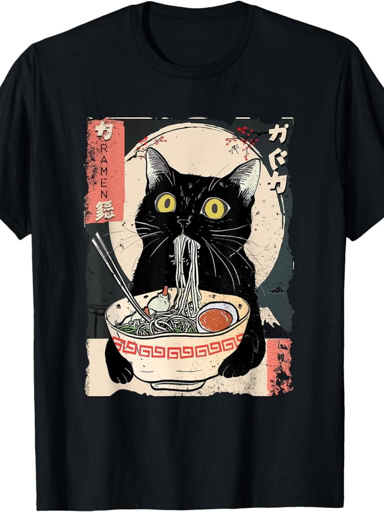 Unisex T-shirt Kawaii Cat Eating Ramen Noodles Funny Anime Gift Men T-Shirt Men's Oversized Fashion T-Shirt, PLUS S