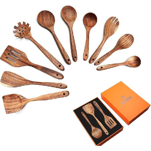 Wooden Spoons for Cooking,10 Pcs Natural Teak Wooden Kitchen Utensils Set Wooden Utensils for Cooking Wooden Cooking Utensils Wooden Spatulas for