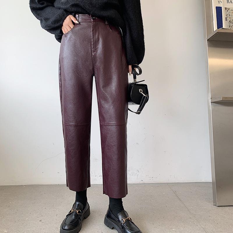 

Women s Black PU Leather High-Waist Slimming Pants - 2025 Autumn/Winter Draped Nine-Point Straight Leg XL