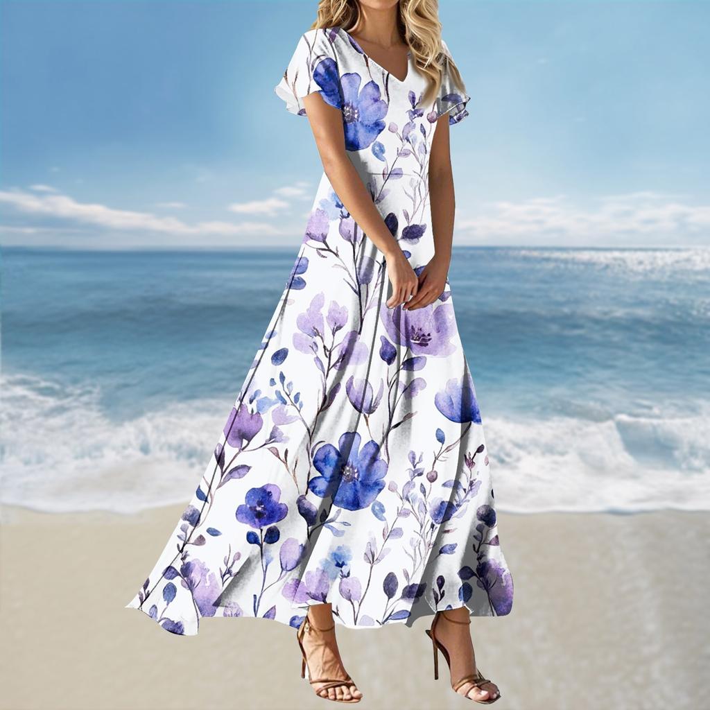 Women's Loose Casual V-Neck Short Sleeved High Waisted Print Dress