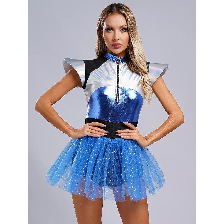 Woman's Outerspace Astronaut Alien Robot Cosplay Costume Metallic Cap Sleeve Tutu Dance Dress for Carnival Festival Halloween
