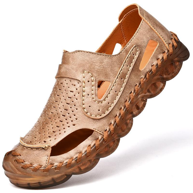 Men's Beach Shoes Trendy Summer New Outdoor Men's Outdoor Hollowed Toe Box Casual Tendon Bottom Leather Sandals