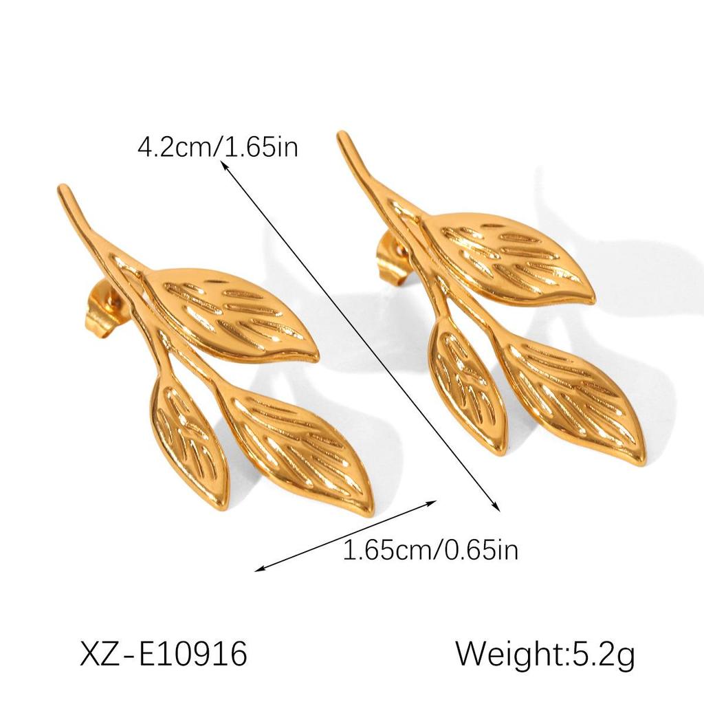 Elegant European & American Leaf 18K Gold Titanium Steel Earrings: Waterproof & Colorfast Luxury Design