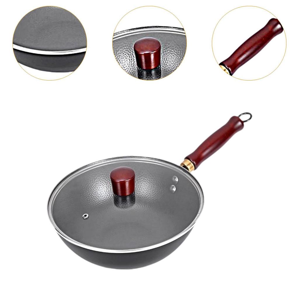 Iron Wok Suitable for All Stoves Pot Cookware Cooking Round Bottom with Wooden Handle Non Coated Rustproof Kitchen Nonstick