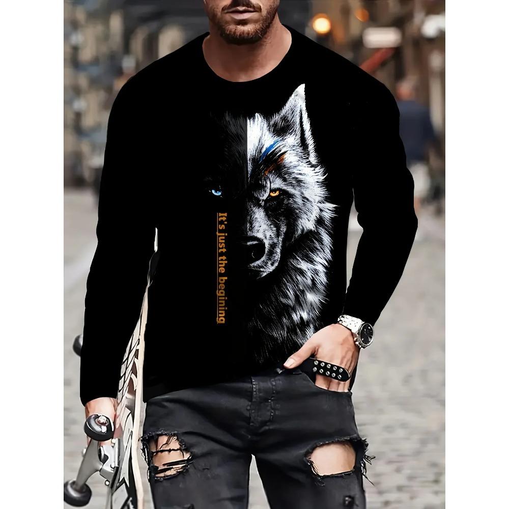 

Wolf Pattern 3D Digital Printed Men s Fashion Trend Round Neck Long Sleeved T-shirt 5XL чёрный