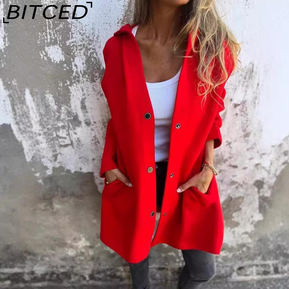 

Женская однотонная повседневная куртка BITCED с капюшоном на одну пуговицу, Осень/Зима S красный