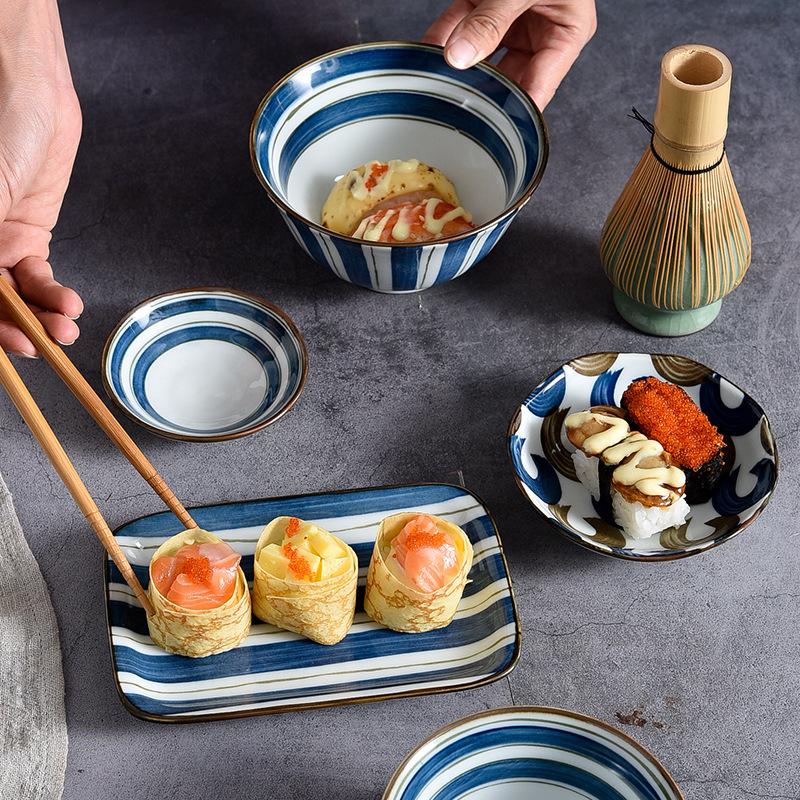 Japanese Style Blue and White Porcelain Dinnerware Sets for One Person Dinner Include Bowls, Plate, Chopsticks, Dishes Set Ceramic Gift Box Set of 6