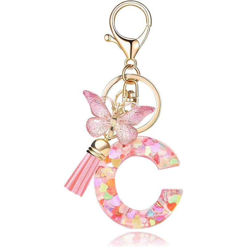 English Alphabet Letter Tassels Keychain Pink Butterfly Pendant Key Chain Women Car Key Ring Bag Jewelry Simple Letter Name Gift