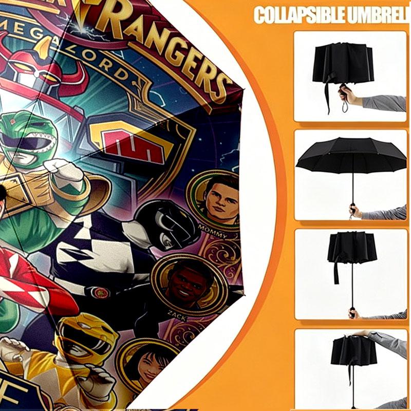Custom Name Personalized Power Rangers Print Umbrella, Auto Open Close, 8‑Rib Sturdy Frame, Commute Camping Hiking Use, Birthday Gift