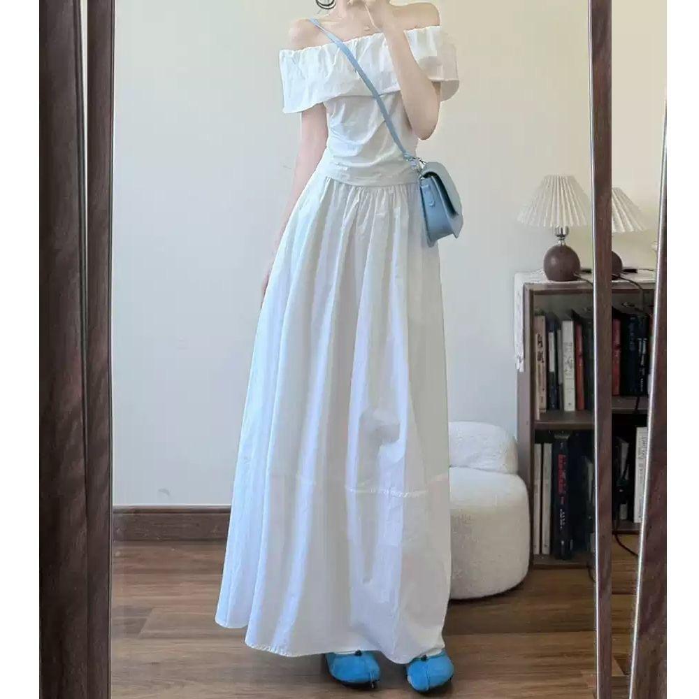 Large size one-word shoulder white off-the-shoulder dress women s summer new beautiful medium and long dress early summer wear suit S