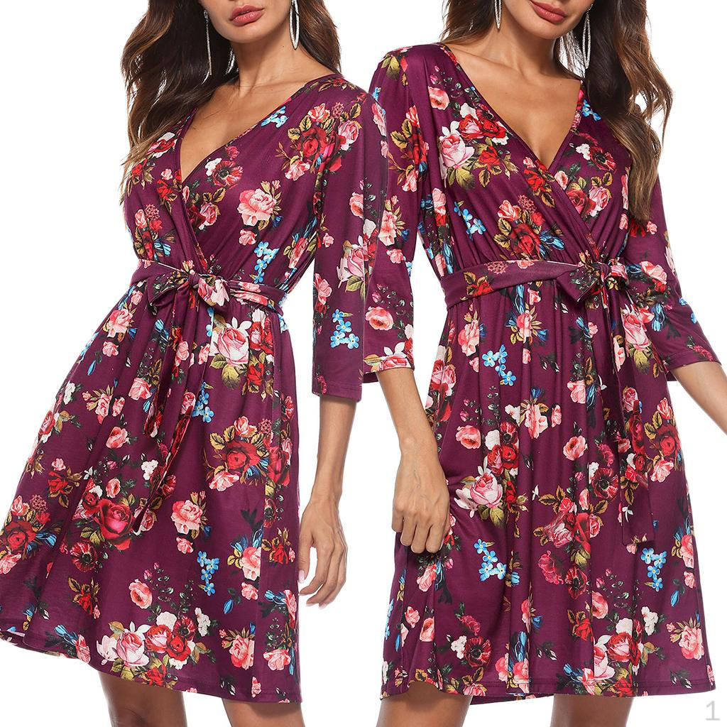 

Women /4 Sleeve Floral Print Wrap Midi Dress With Belt XL червоний