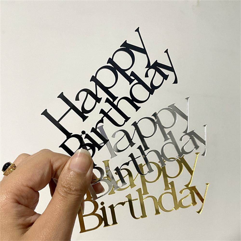 1PCS Happy Birthday Cake Topper Simple Lines Acrylic Gold Silver Black Dessert Toppers for Birthday Party Cake Decorations