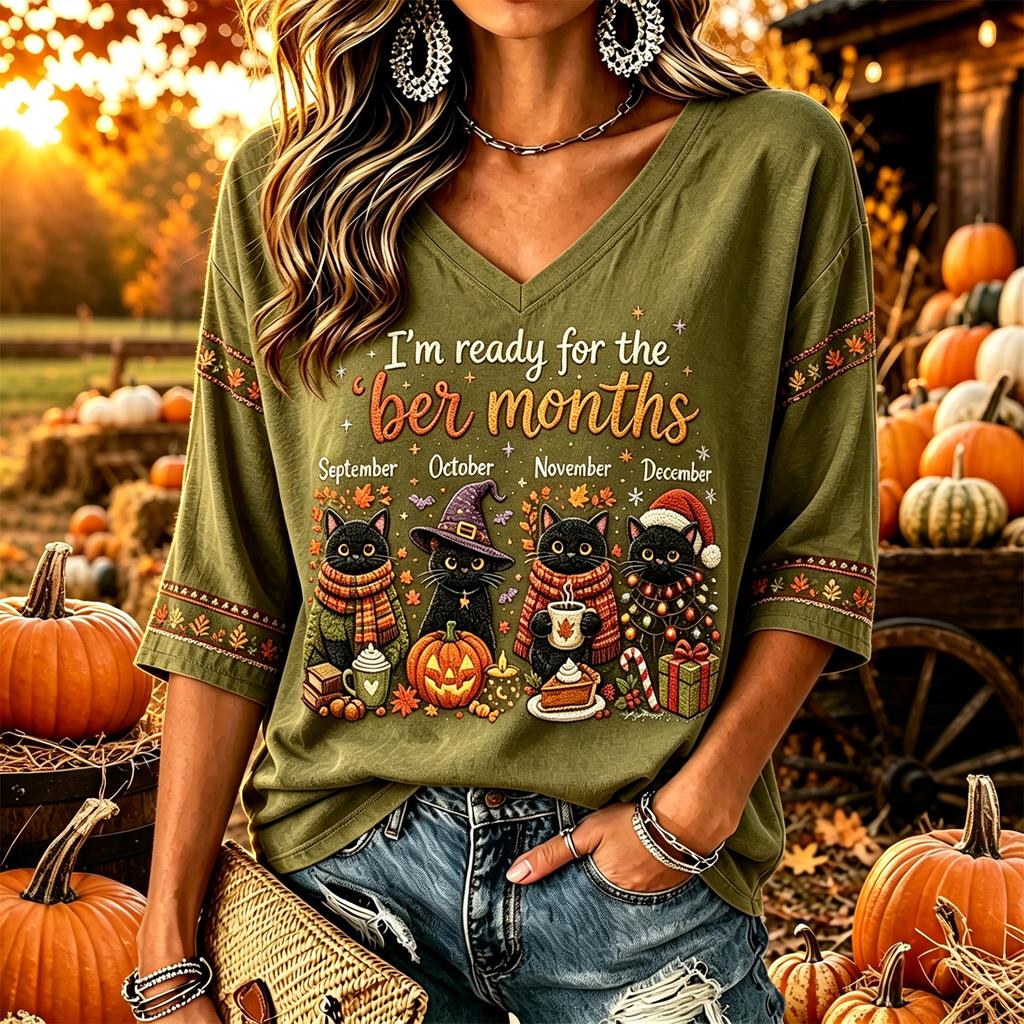 Women's Casual Thanksgiving Print V-Neck Long Sleeve Pullover Top for Fall and Winter