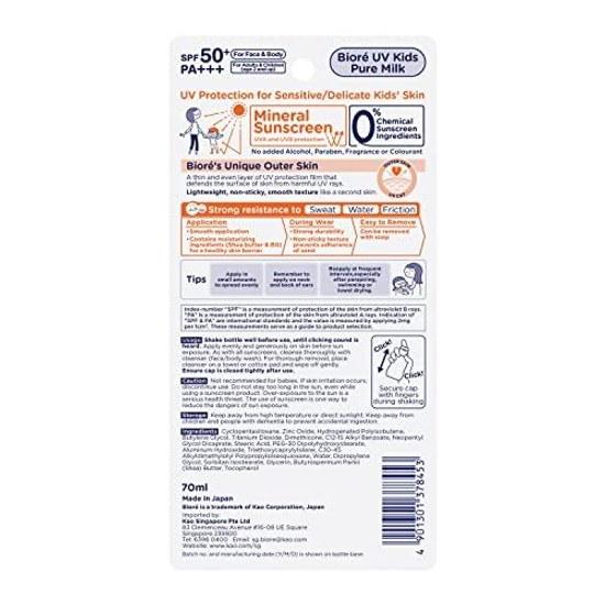 Biore UV Kids Pure Milk Sunscreen 70ml SPF50 / PA+++ Mineral Barrier Zero Absorbers Fragrance-free.