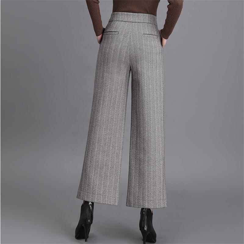 Autumn Winter Korean stytle Thickened WarmWool Wide Leg Pants Womens Fashion Striped High Waist Loose Straight Casual Trousers