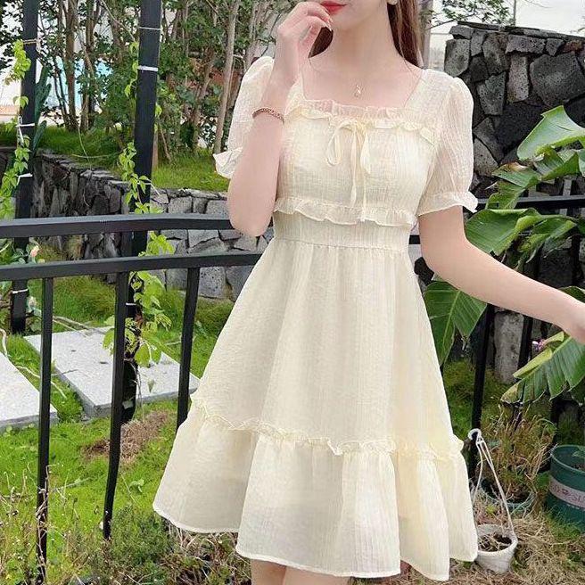 

2025 Girls Sweet A-line Summer Dress: Square Neck, Waist-Cinching, Solid Color S, Recommended: 80-95 jin