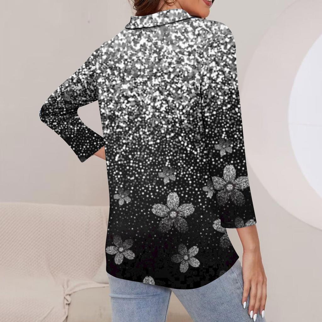 Women's Summer Fashion Casual Printed V-Neck Seven-Point Sleeve   Shirt Top