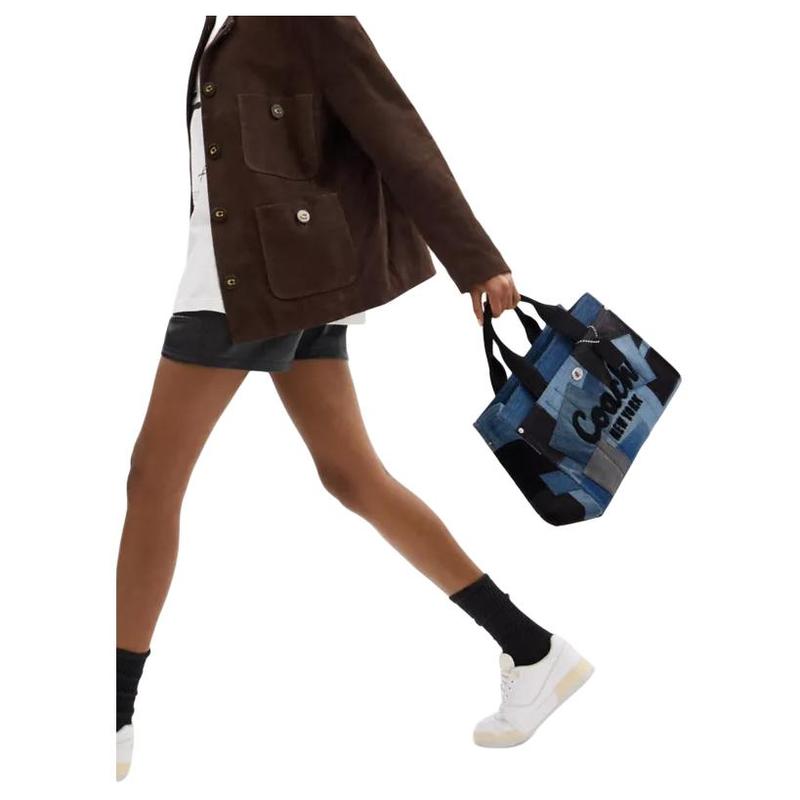 COACH Cargo 34 Brand letter print Denim and glove tanned leather Tote bag Tote bag shopping bag handbag Large size for women Denim and silver