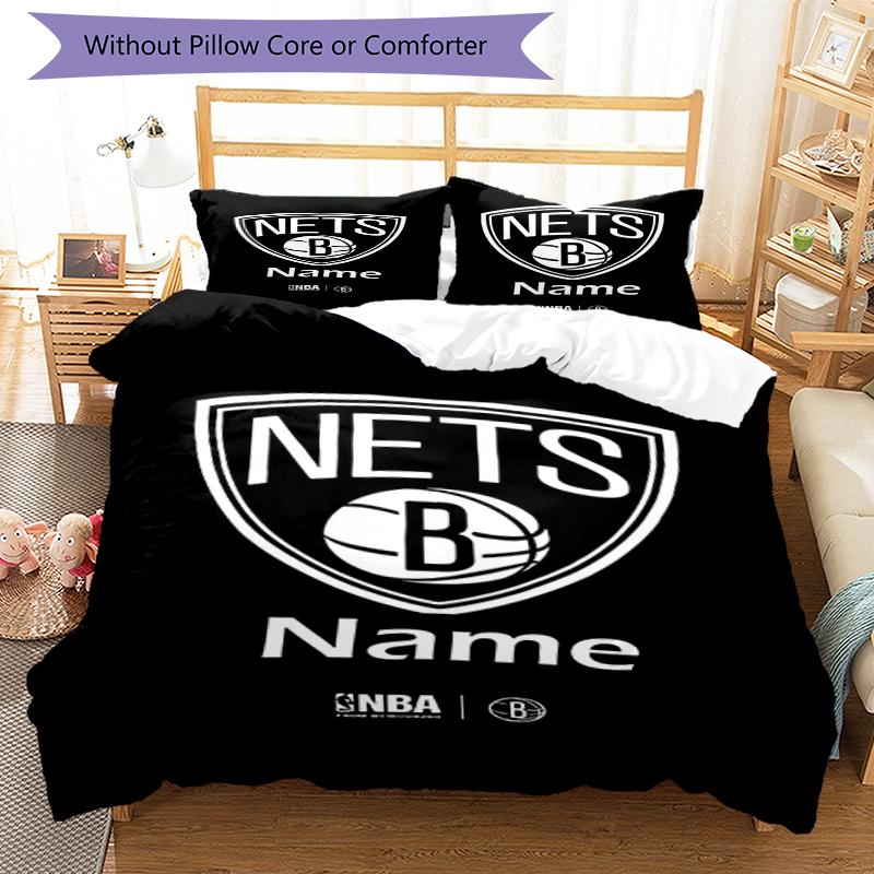 3pcs Custom Name Brooklyn Nets Bedding Set Duvet Cover Closure Includes 1 Duvet Cover & 2 Pillowcases, Soft and Comfortable for All Seasons.