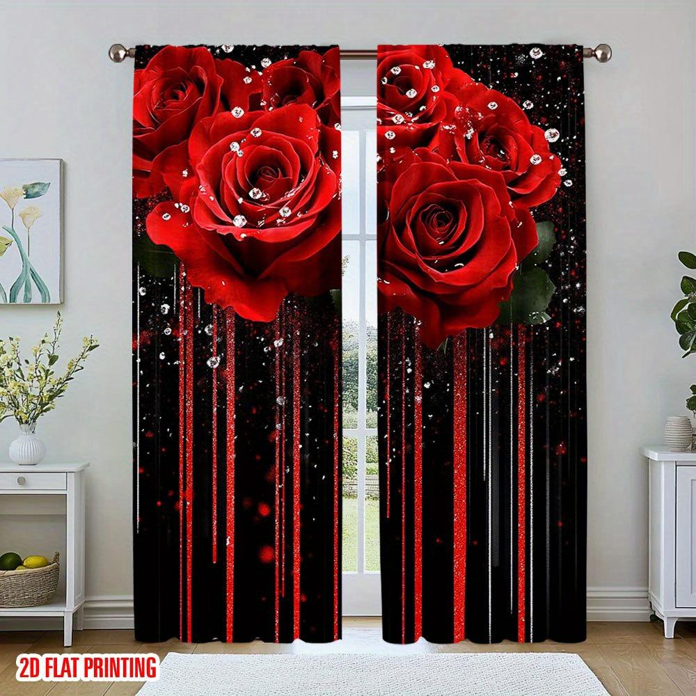 2Pcs Polyester Dimensional Red Roses Printing Window Curtains Birthday Party Decoration Backdrop Drapes for Living Room