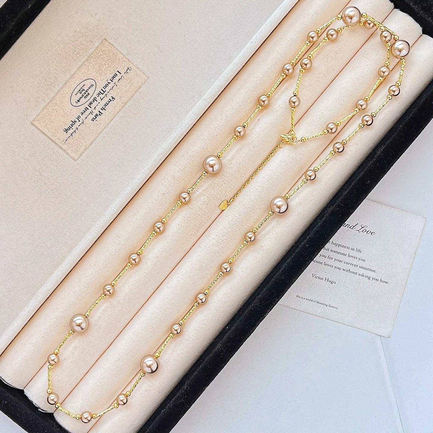 10Mm Boutique Natural Tiger S Eye Stone Mocha Brown Pearl Design Sweater Chain Necklace Collarbone Chain