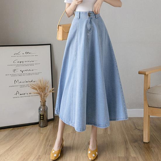 Denim Midi Skirt High Waist Button Zipper Fly A-Line Hem Skirt Solid Color Blue Skirt Office Lady Denim Skirt Daily Wear