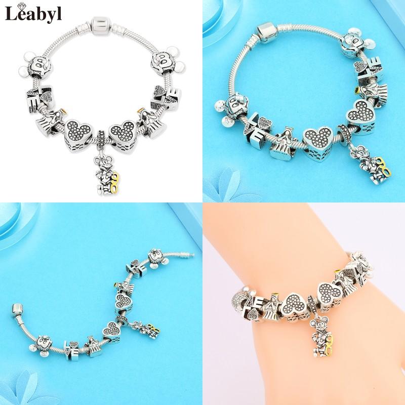 Potdemiel Pink Enamel Crystal Minnie Charm Bracelets Silver Color Heart Cartoon Bead Jewelry for Women Girl Gift