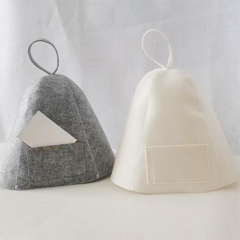 Gray & White Felt Bath Cap  Minimalist Thickened Sauna Hair Drying Cap Absorbent Heat-Preserving with Card Pocket