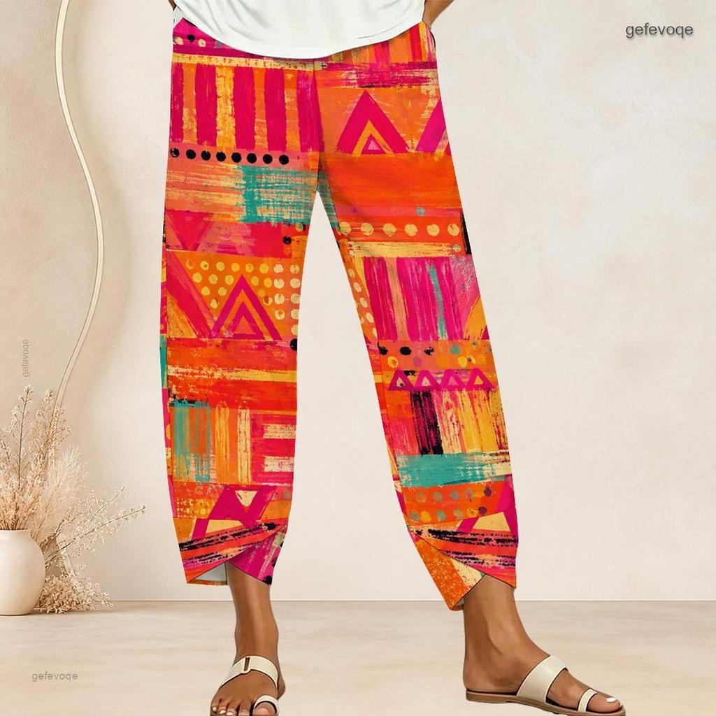 Women Plus Size Paisley Printed Teal White Loose Cropped Pants Cross Hem With Pockets