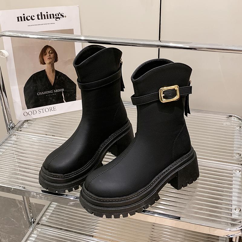 

Thick Bottom Women Western Cowboy Boots Fashion Belt Buckle Autumn Winter Female Back Zip Platform Shoes Mid Calf Booties 43