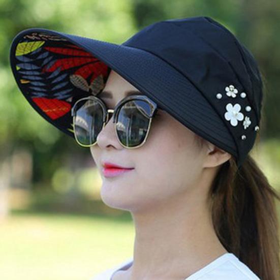 Women Solid Color Wide Brim Beads Flower Decor Sun Hat Visors Outdoor Sports Cap