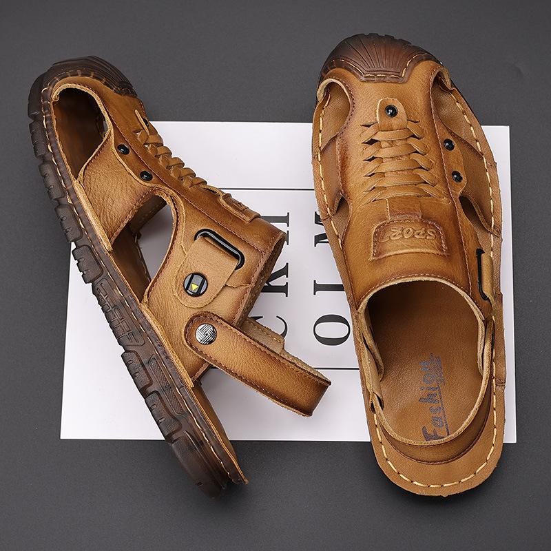 The first layer of cowhide bag head sandals, men's new genuine leather summer beach shoes, soft soles, beef tendon soles, and father's cool slippers f