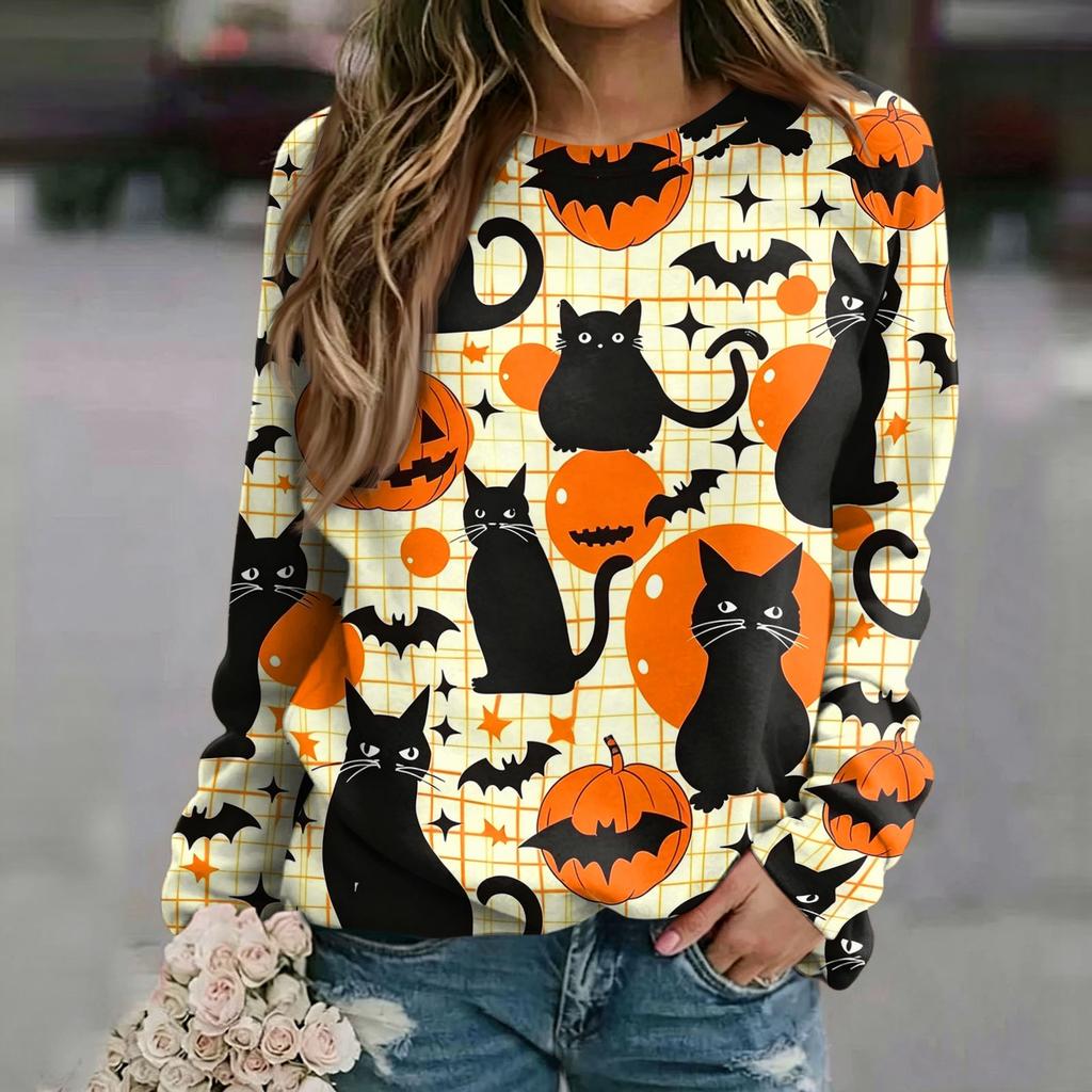 Women's Casual Neck Long Sleeve Raglan Halloween Print Sweatshirt