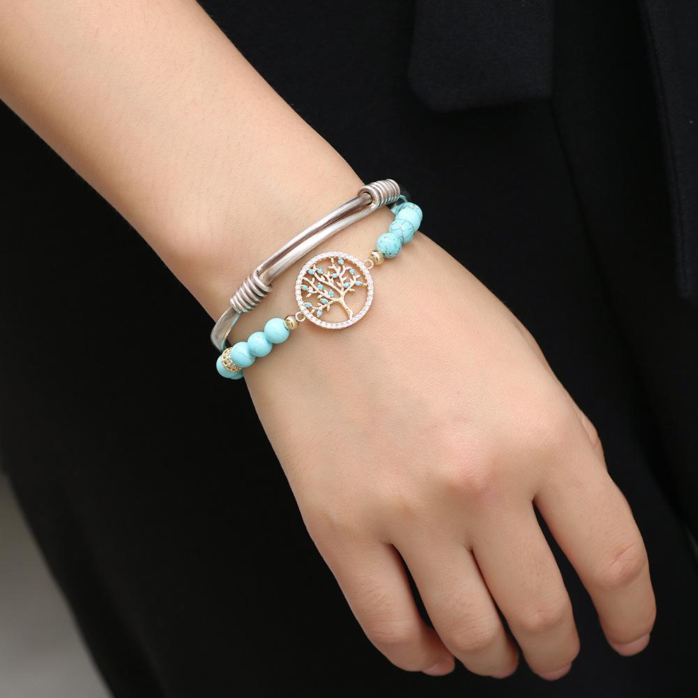Turquoise Gemstone Bracelet Tree of Life Beaded Zircon Jewelry Men Women Natural Stone Wristband Stylish Accessory