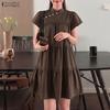 ZANZEA Women Elegant Casual Stand Collar Solid Color Loose Short Sleeve Dress