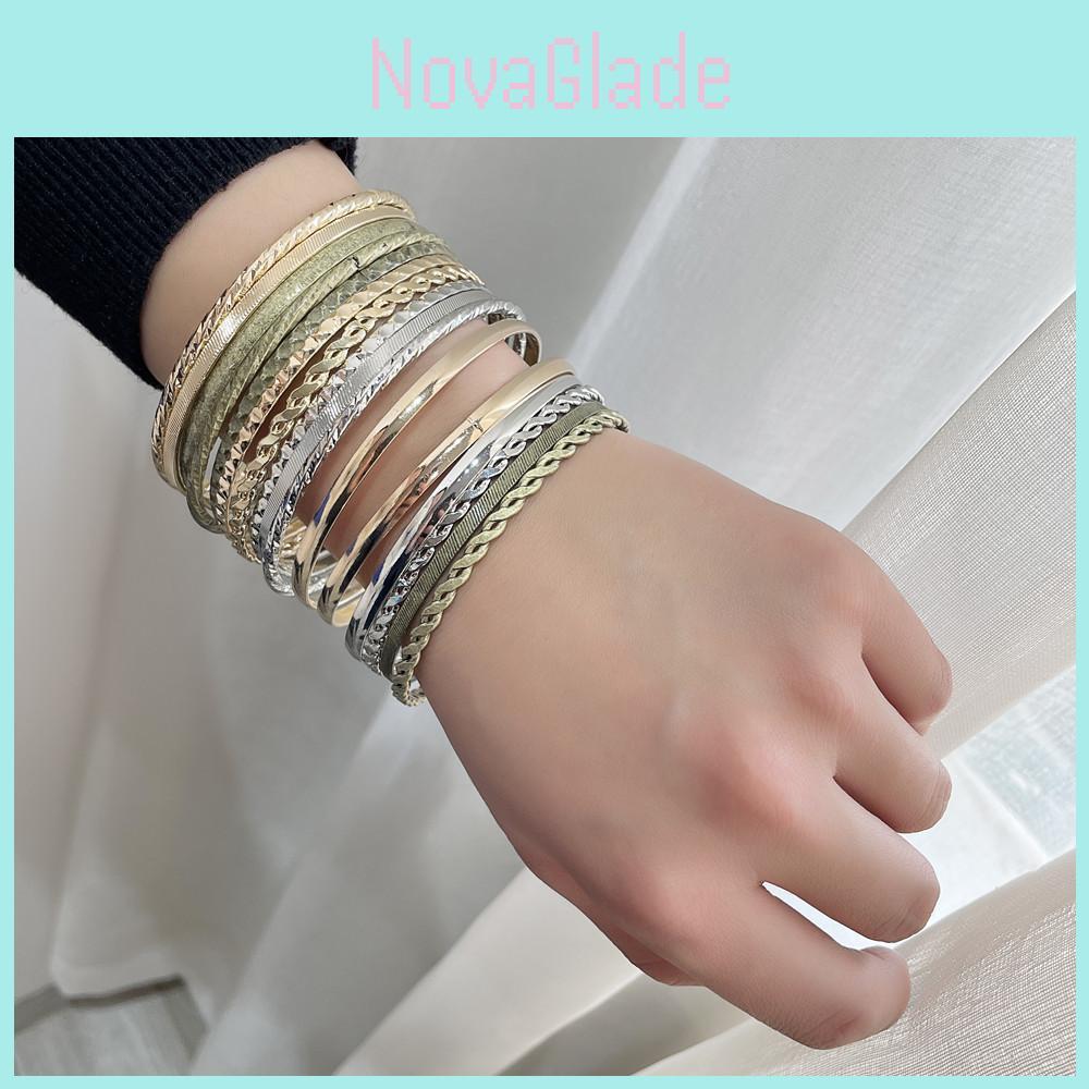 Geometric Metal Bangle Set With Electroplated Finish For Fashion Enthusiasts