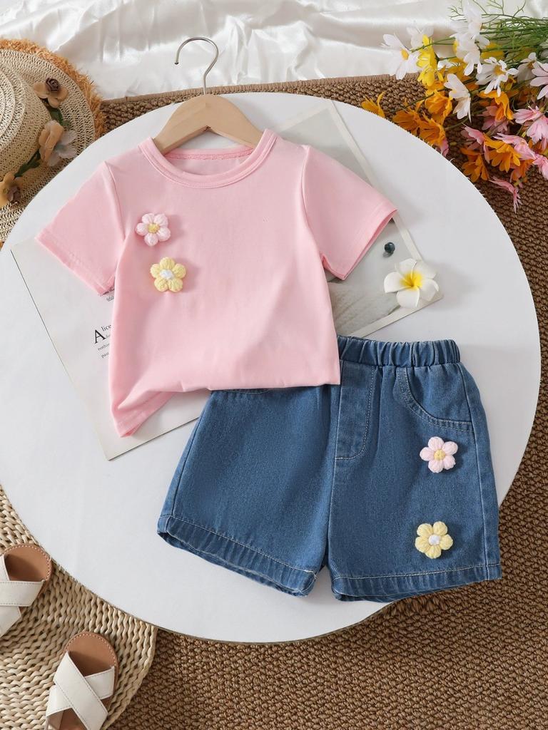 Baby Girls Summer T-Shirt & Denim Shorts Two-Piece Set