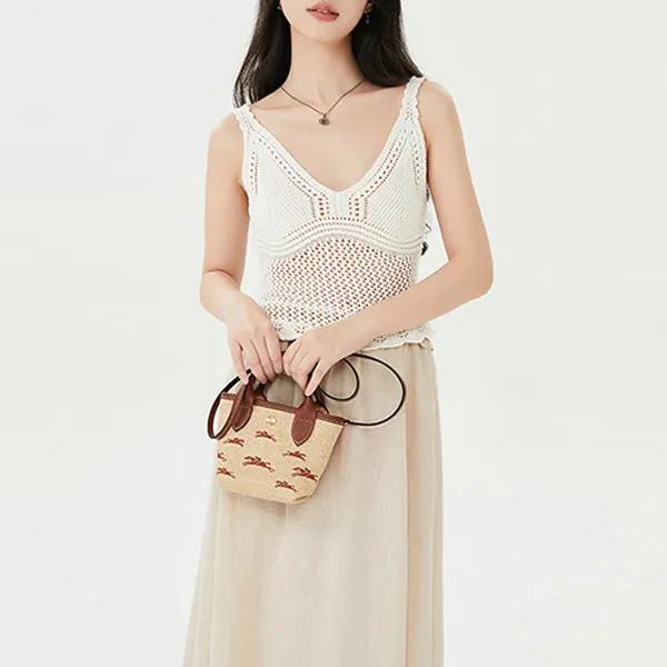 LONGCHAMP Le Panier Pliage Cow Leather Trim Shoulder Bag , Crossbody Bag , Handbag Mini Women's Beige Brown (Unisex) Handbags 10206HCF035