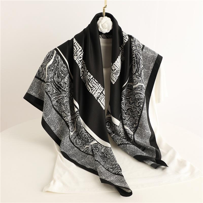 European and American retro printed silk scarf twill silk large square scarf travel sunscreen shawl cashew simple scarf autumn and winter women