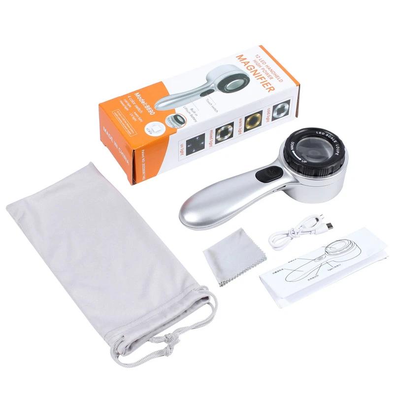 Rechargeable 30X Handheld Magnifying Glass with LED Lights Illuminated  Magnifier 4 Light Modes Scale Jewelry Loupe for Seniors