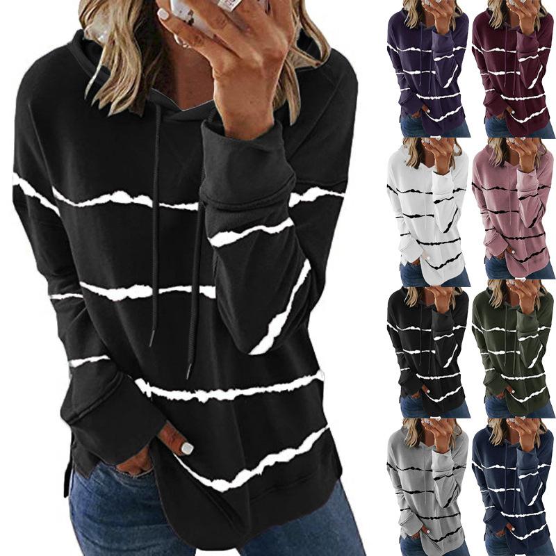 Women S Striped Printed Loose Fit Hooded Sweatshirt Top