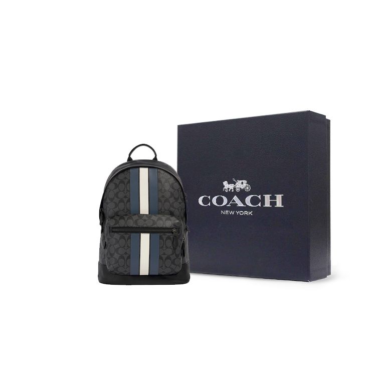 Coach Zaino Grande Capacità West 35 Classic Monogramma Blu e Bianco a Strisce Zaino da Uomo Nero Grigio 3001-QBOH0
