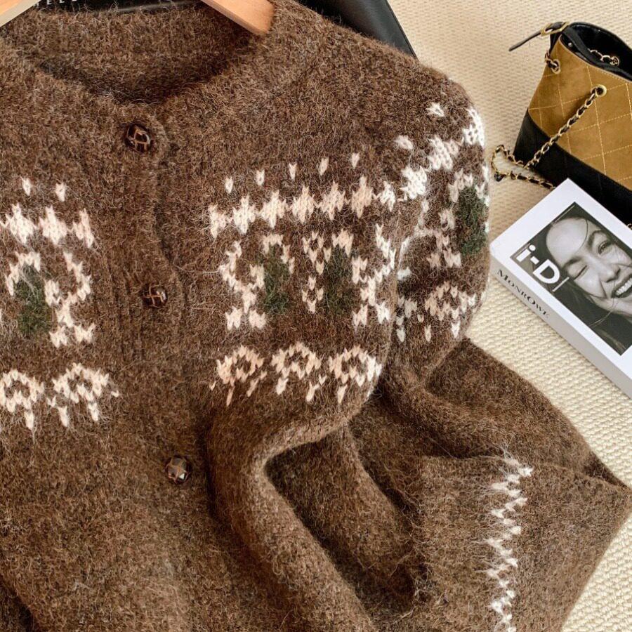 Korean Retro Women's Fair Isle Cardigan - Soft, Fluffy, Autumn/Winter Knit Sweater