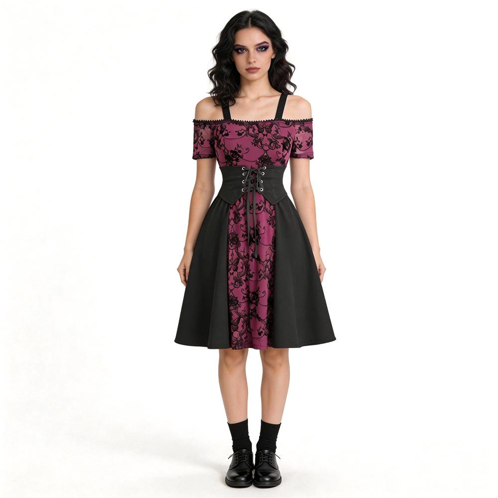 Gothic Dress for Women Vampire Halloween Cosplay Dark Print Short Red