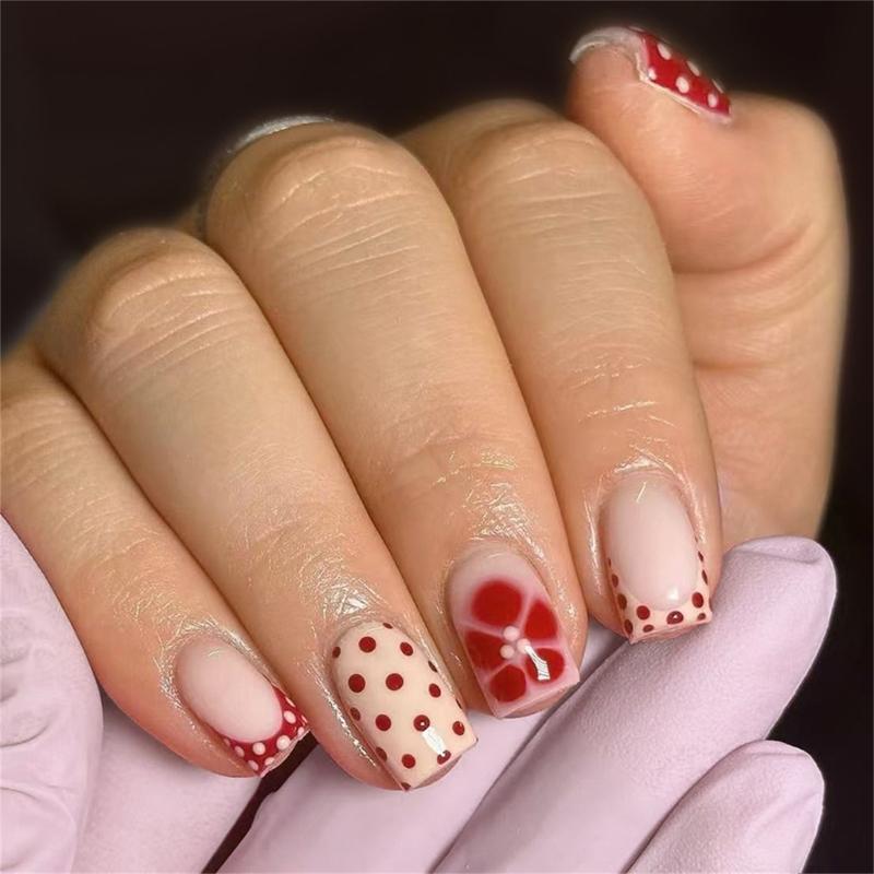 

24Pieces Glossies Short Square Press On Nail French Style Orange Brown Polkas Dot Floral Art Fakes Nail Easy Application Safe ABS for Women 1