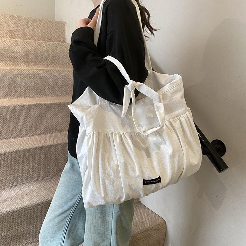 Lazy Wind Large-Capacity Cloth Bag Textured Girl Shoulder Bag White Polka Dot Canvas Tote Bag