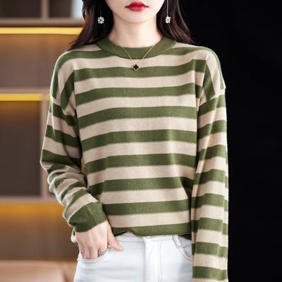 Autumn and Winter Striped Round Neck Sweater for Women Andy Velvet Drop Rotator Sleeve Base Shirt Loose Versatile Pullover Long Sleeve Top