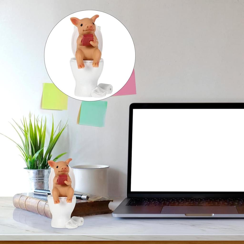 Cabilock Mini Resin Cute Pig Figurines Texting On Toilet Statue, Miniature Piggy Sculpture, Garden Farm Statue Collectible Lawn Ornament Desktop