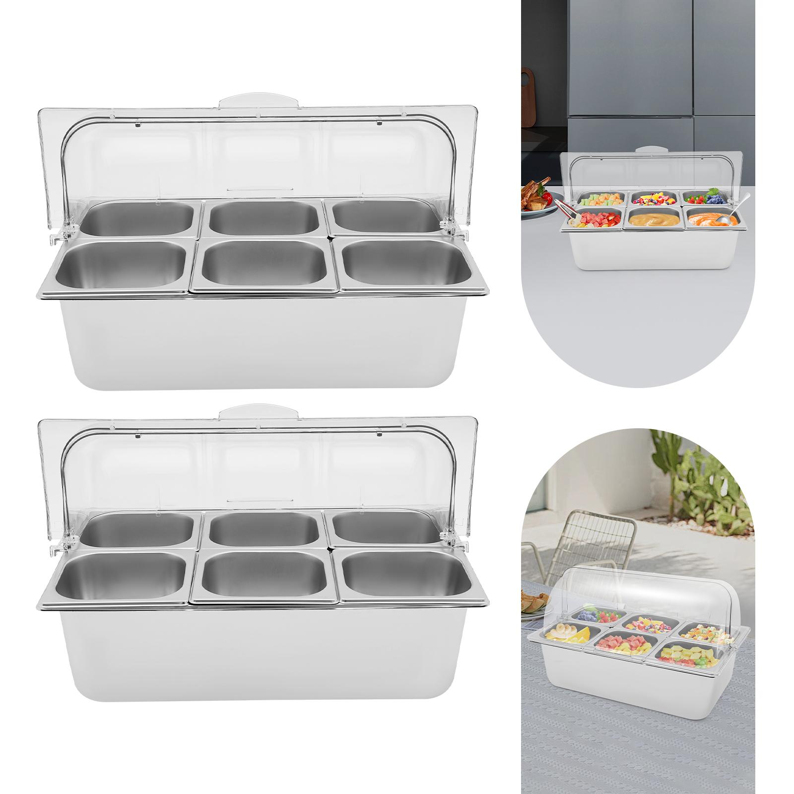 2pcs 6 Compartments Stainless Steel Serving Container,Silver Rectangular Food Serving Container Desktop for Family Picnics